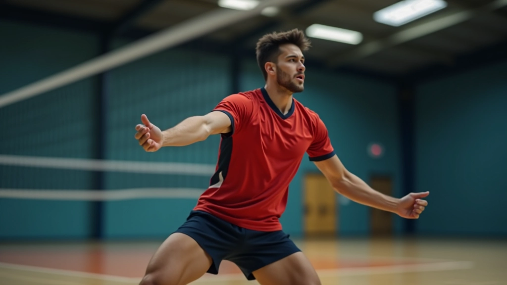 لاعب كرة طائرة يؤدي ضربة قوية من خط الدفاع الخلفي مع مد كامل الذراع