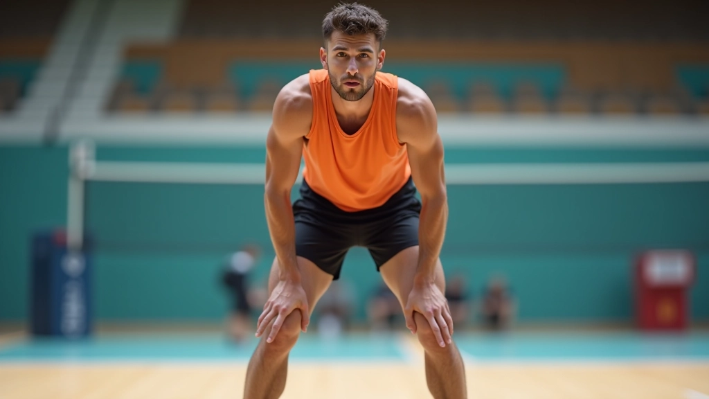 لاعب كرة طائرة في وضعية الاستعداد للهجمة، قدماه متقاربتان، جسده منحنٍ قليلاً، عضلات الساق مشدودة